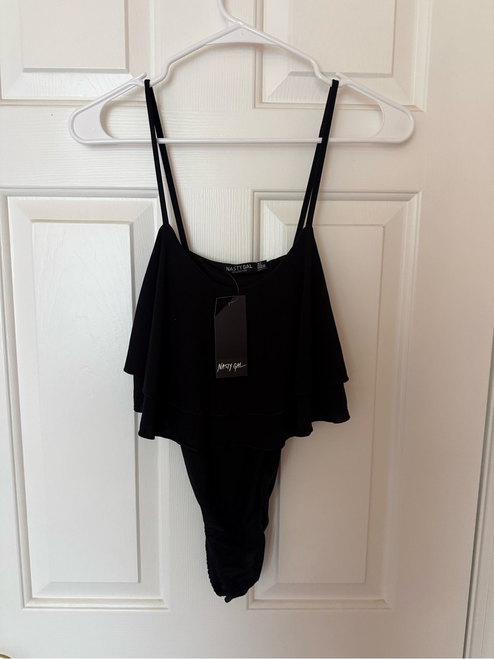 Nasty Gal Black Double Strap Ruffle Cami Bodysuit